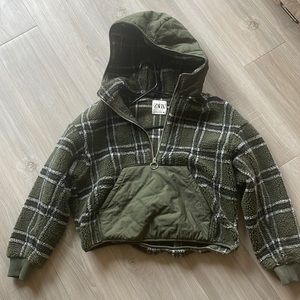 zara fleece sherpa retro pullover hoodie 3/4 zipper